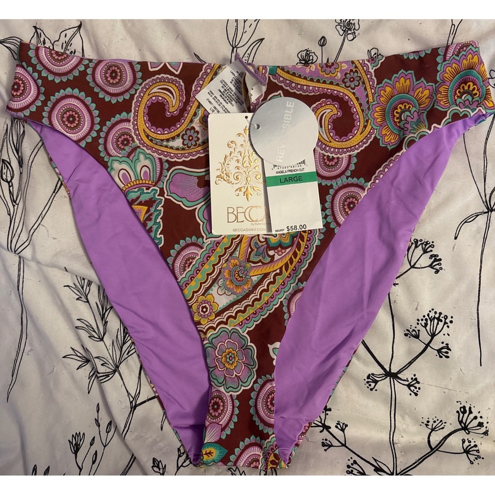NEW Becca by Rebecca Virtue Hi Cut Reversible Bikini Swim Bottom, Size Large